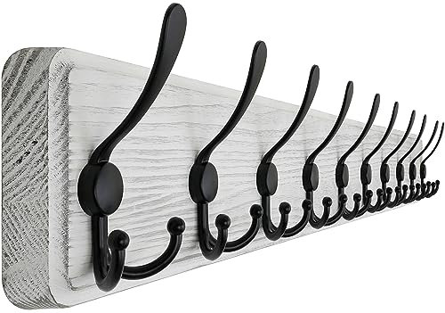 SKOLOO Garderobenleiste Holz, Vintage, Stabile Kleiderhaken Wand mit 10 Dreifachhaken, zum Aufhängen von Kleidung, Mantel, Hüten, Jacken, Rucksack, Hakenleiste Holz Schwarz auf Weiß