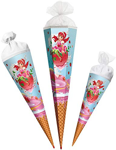 Schultüte - lustige Erdbeere - Erdbeerella - 50 cm - rund - Tüllabschluß - Zuckertüte - mit/ohne Kunststoff Spitze - Roth - Jungen Mädchen - Erdbeeren EIS -..