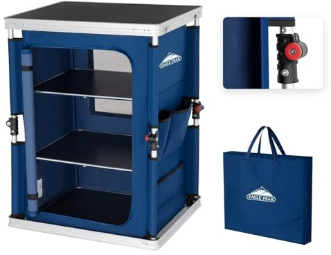 EAGLE PEAK Outdoor Folding Camping Table with Large 3-Tier Storage Organizer and Side Pockets, Easy Set Up Portable Aluminum Camping Kitchen, Blue