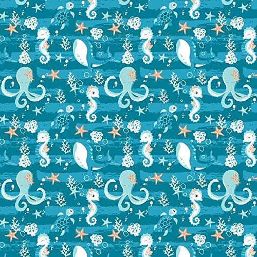 100x160cm Fisch Wal 100% Baumwolle Baumwollstoff Kinder Meterware Handwerken Nähen Stoff (Unterwasser Tiere Blau, 100x160cm (11,99€/m))