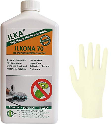 ILKA® - Ilkona 70 - Flächen-Desinfektion | 1ltr | desinfizierent, antibakteriell, keimfrei, gegen Bakterien und Keime (ergibt 20 ltr. fertige Lösung) | incl. 1Paar Handschuhe