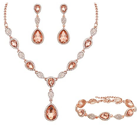 Clearine Bridal Wedding Jewellery Set Gorgeous Teardrop Crystal Statement Y-Necklace Dangle Earrings Tennis Bracelet for Women Champagne Rose Gold-Tone