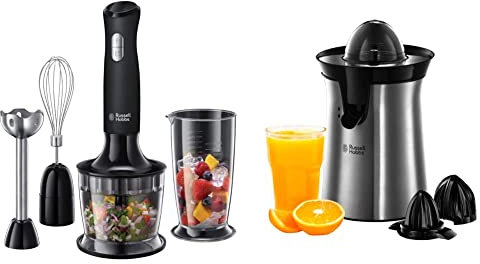 Russell Hobbs Mixeur Plongeant Multifonction 3en1 500ml, Mélange, Hache, Fouette, Mixe - Noir 24702-56 Matte Black & Presse Agrumes Electrique, 2 Sens Rotation, 2 Cônes Interchangeables