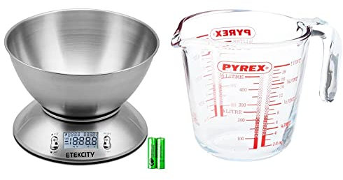 Etekcity Electronic Kitchen Scales with Stainless Steel Mixing Bowl, Digital Wet and Dry Food Weighing Scale for Cooking and Baking-11lb/5kg & Pyrex P586 Measuring Jug, 500 ml