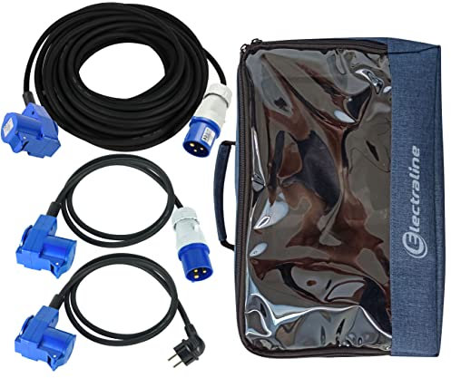 Electraline Set Campeggio IP44, Prolunga Industriale in Gomma 10 m e Adattatore 1,5 m (Doppia Presa Schuko e CEE, Spina CEE), Cordone 1,5 m (Doppia Presa Schuko e CEE, Spina Schuko), Box Organizer