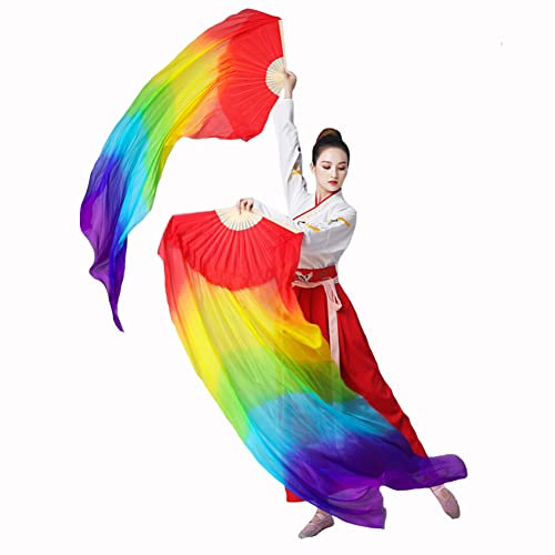 Nimiman Women 1 Pair (Left+Right) Silk Belly Dance Fans Veil Belly Dancing Long Folding Fans Length 180 cm Width 90 cm (Horizontal Rainbow)