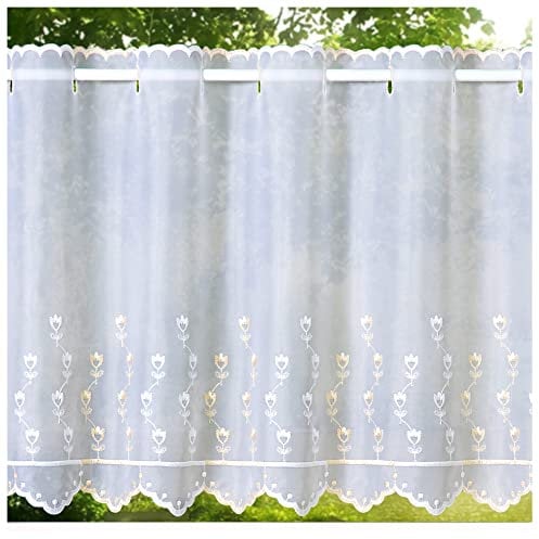 heimtexland ® Scheibengardine Voile Stickerei Tulpe Transparent Deko Gardine Landhaus Bestickt Fensterdekoration BistrogardineTyp818 Weiß - Ecru HxB 90 x 148 cm