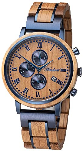 Waidzeit RU01W Rumuhr Uhr Herrenuhr Holz Edelstahl Analog Chrono Datum braun