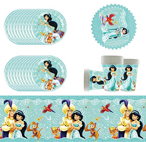 61Stück Prinzessin Jasmin Geburtstags Partygeschirr,Prinzessin Partyzubehör Pappteller Set, Set einschließlich Tischdecke Teller Becher Servietten zum babyparty,Hochzeiten,Jubiläums(20 Gäste)
