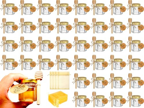 Adabocute 40 Pack Mini Honey Jars - Honey Pot With Honey Dipper, Bee Pendants, Jutes, Tags and Gift Bags - Perfect For Baby Shower Favors and Wedding Favors