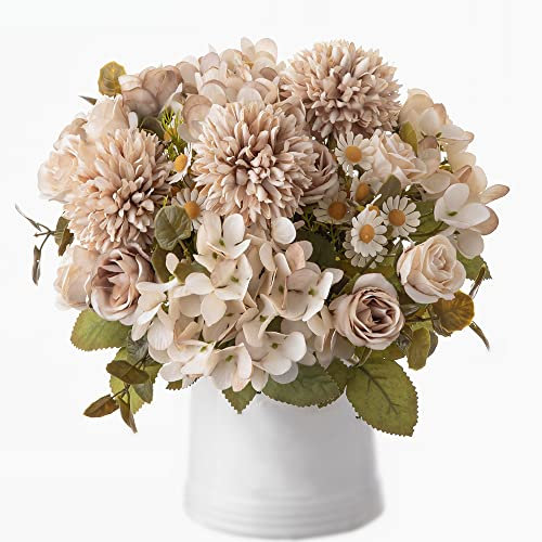 KIRIFLY Künstliche Blumen,Kunstblumen wie echt Blumen Deko Künstlich Pfingstrose Seide Hortensien Dekoration Blumenarrangements Hochzeit Blumenstrauß(Hellbraun)