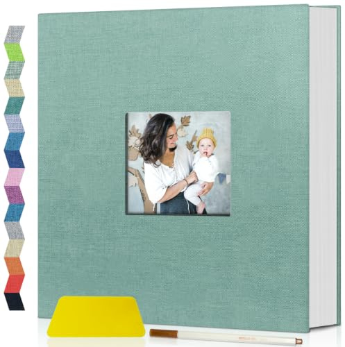 Popotop Fotoalbum, selbstklebend, mit Sichtfenster, DIY-Scrapbook-Album für 10 x 15 cm, 20 x 25 cm, Leineneinband, Erinnerungsbuch für Baby-Hochzeit, mit Schaber und Metallstift, 60 Seiten