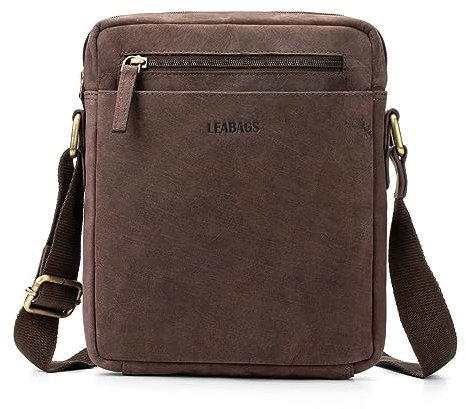 LEABAGS Messenger Bag Kalkutta, Echtleder Umhängetasche Herren, Leder Tablettasche Männertasche mit Schultergurt, Leder handgefertigt Herren Ledertasche für Arbeit Reise Alltagsleben (M/Dunkelbraun)