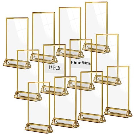 efuturetime 12PCS Presentoir de Table en Acrylique A6, Porte Affiche Doré, Cadre Photo Double Face Transparent pour Menu, Photo, Marriage, Publicité, Réception