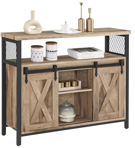 VASAGLE Sideboard, Küchenschrank, Aufbewahrungsschrank, mit 2 Schiebetüren, 33 x 100 x 80 cm, verstellbare Regale, für Wohnzimmer, Kamelbraun und Tintenschwarz LSC092B50