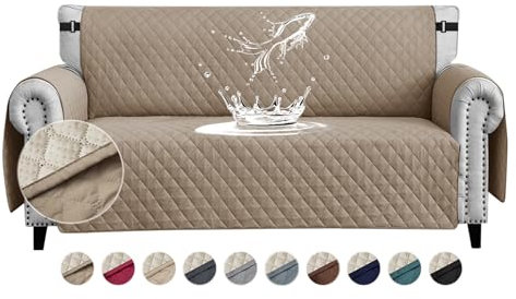FIGOOO wasserdichte Sofabezug 3 Sitzer Dicke Sofaschoner Wasserdicht Reversible Gesteppte Sofa Überzug mit Seitentaschen Sofaüberwurf rutschfest Kratzfest für Haustiere Hunde Katzen,Khaki