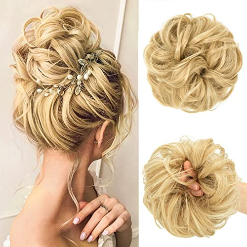 JJstar Großer falscher Haarknoten, einfacher Haarknoten, elastisch, gewellt, echtes Haar, Pferdeschwanz, dicker Haarteil für Frauen Mädchen (natürliches Blond)