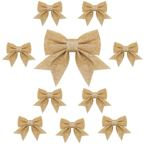 Topways 10PCS Christmas Bow Decorations, Gold Sequin Bow Ties for Christmas Tree, Xmas Ornaments for Home Party 6.7in