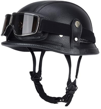 Oldtimer Motorradhelm Retro PU Leder Halbhelm Deutscher Stil Roller Cruiser Chopper Anti-Collision Helm mit Brille ECE Zertifiziert Roller-Helm Scooter-Helm Mofa-Helm Motorrad Half Helm K,M