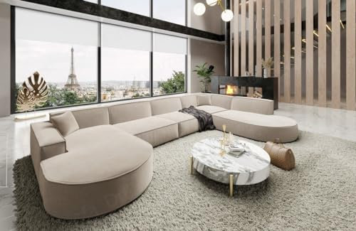 Wohnlandschaft Alegranza Sofa in U Form Designersofa Stoffsofa in Samt Sofa in Stoff (Beige, Lange Ottomane rechts)