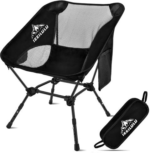 IEEILULU Chaise Pliante Camping Ultra Légère, Charge Maximale 130kg, Confortable pour Pêche, Barbecue, Randonneurs (1pcs, Noir)