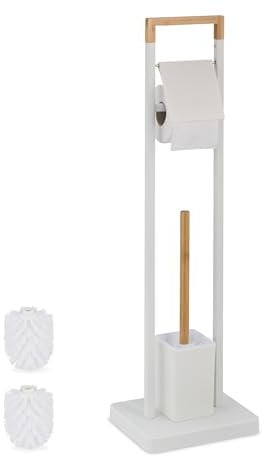 Relaxdays WC Garnitur, Bambus, Edelstahl, freistehender Klopapierhalter, Toilettenbürste mit Bürstenhalter, weiß/natur