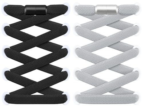 RJ-Sport 2 Paar flache Schnürsenkel ohne Binden - Elastische Schnürsenkel mit Schnellverschluss - Schnellschnürsystem für Einzigartigen Komfort und Starken Halt - mit Metallkapseln (Schwarz+Grau)