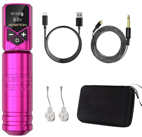 Wireless Tattoo Machine Kit with Long-Lasting Battery And High-Precision Adjustment - Ideal for Professional And Amateur Tattoo Artists, 32MM Grip Size,Pink