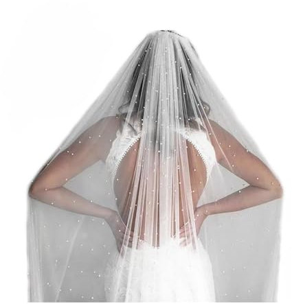 Brautschleier mit Perlen Weiß/Ivory Braut Hochzeit Softtüll Hochzeitsschleier 1 Schicht Weicher Tüll Mit Metall Kamm Elegent Kirche Langer Schleier Perlenschleier Haarschmuck für Damen 45-500cm