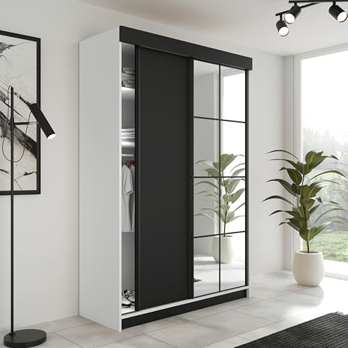 KIER FURNITURE Schiebegarderobe LAMARO mit Spiegel - Schrank Schlafzimmer - Schlafzimmerschrank - Wardrobe Bedroom - Kleiderschränke - Kleiderschrank - 138x205x59 - Weiß & Schwarz