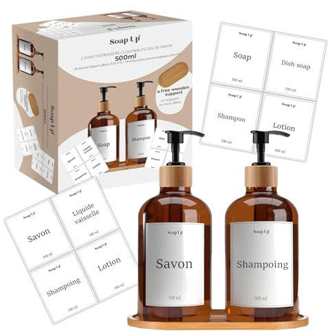 2 Distributeurs 50 cl pour Savon, Shampoing, Liquide Vaisselle | Support en Bambou, Entonnoir & Etiquettes Personnalisées | Accessoire Cuisine & Salle de Bain Pratique | OriginalCorner®
