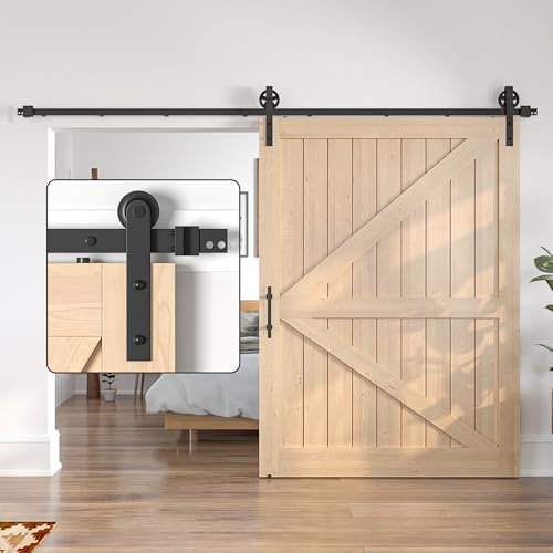 SANKEYTEW 305 cm Schiebetür Set, Holz Scheunentor, robustes Schiebetür Set, schwarze Schiebetürschiene, großes Rad