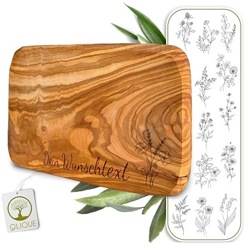 Frühstücksbrettchen personalisiert, Olivenholz - Hochwertiges Vesperbrett mit Gravur als individuelles Geschenk (Floral)