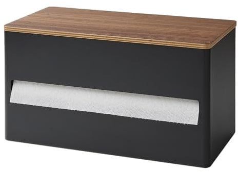 Yamazaki 1644 RIN Kitchen Paper Towel Holder, black, Steel/Wood/Silicone, 31.2 x 16.2 x 17 cm