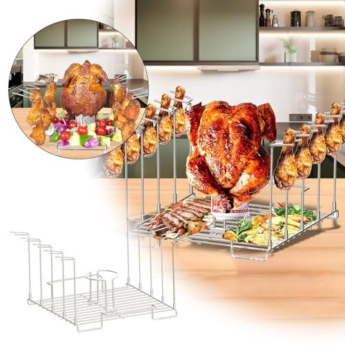 AKTOUR Piccola griglia da campeggio per griglia e supporto per pollo in acciaio inox con 10 fessure per ali di pollo/cosce/spiedini per barbecue (bianco, 26 x 25 x 15 cm)