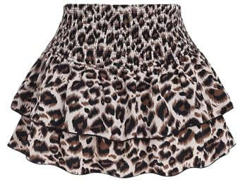 GORGLITTER Damen Kurz Leoparden Rock Mehrschichtiger Mit Rüschen Partyrock Hohe Taille Freizeitrock Casual Braun XS