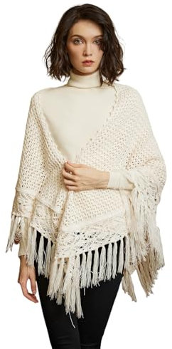 BEAUTELICATE Damen Gestricker Schal Stola Dreiecksschal Warm Hohl Stricken Cape Cardigan Elegantz Dreieckstuch Umschlagtüch mit Fransen für Herbst Winter Frühling (Cream, Einheitsgröße)