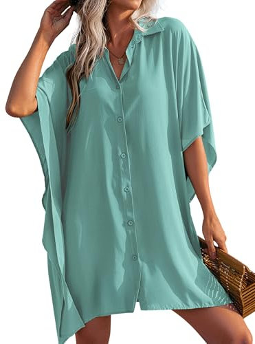 AI'MAGE Women Swimsuit Cover Up 3/4 Sleeve Beachwear Bikini Coverups Button Down Oversized Cover Up Shirt Green M