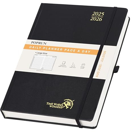 POPRUN Tagesplaner 2025 2026 Hardcover 30,5 x 22 cm, Tageskalender A4 1 Tag 1 Seite (Montag - Sonntag), Terminplaner (Aug.2025-Jul.2026) mit Stiftschlaufe - Schwarz