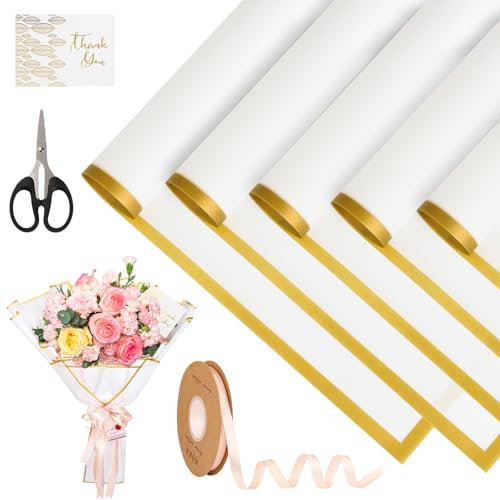 20 Blatt Blumenstrauß Geschenkpapier, Wasserdicht Blumenpapier, Weiß 58 x 58cm Blumenstrauß Papier, Blumen Papier mit Band, Karte und Schere für Hochzeiten, Geburtstage