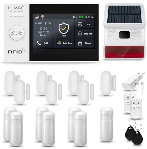 HUXGO® HXA007 Antifurto casa wireless WiFi + GSM 4G con Radio Sirena solare | Kit allarme casa senza fili: 7x rilevatori di movimento, 7x sensori di allarme per finestre/porte |Per Casa, Appartamento