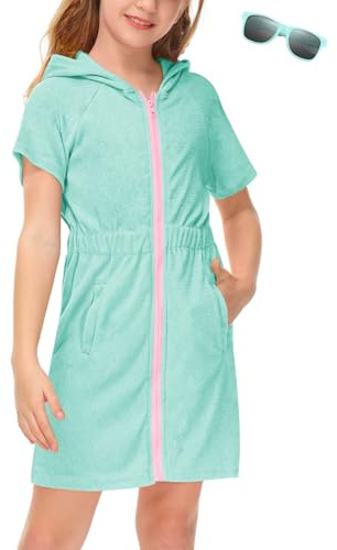 BesserBay Junge Handtuch Badeponcho Taschen Elastischer Bund mit Kapuze Zip Unisex Surf Poncho Grün 160