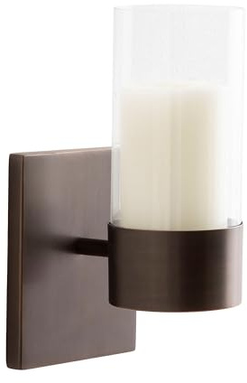 Kate and Laurel Zabler Modern Metal Wall Sconce; 5 x 6 x 10; Bronze; Round Candle Holder with Removable Glass Cylinder for Flameless Candle Display in Bedroom or Bathroom