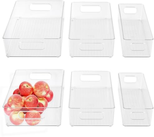 FUNSUEI 6er Set Kühlschrank Organizer, 3 Größen Kühlschrank Behälter Vorratsbehälter mit Griff, Transparent Speisekammer Organizer Aufbewahrungsbox Kunststoff für Küche