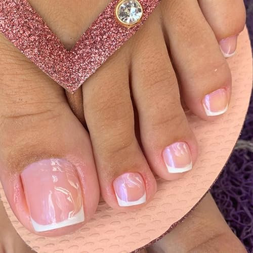 Virellay 24 stück Fußnägel zum Aufkleben, Falsche Nägel Mit Voller Deckkraft, Französische Kurze Quadratische Fussnägel Zum Kleben, Weiß Rosa Fußnägel Tips, Acryl Klebe Nägel für Frauen Maniküre DIY