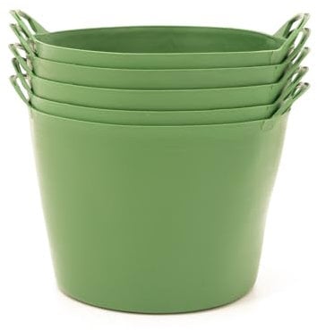 BiGDUG Plastic Flexi Tubs (42 Litre) - Pack of 5 - Recycled Green - Heavy Duty Trugs Flexible Storage Bucket - Multi Purpose Round Container