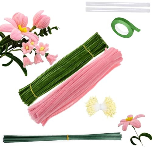 Barlone Lot de 200 cure-pipes à fleurs de lys - 2 couleurs - Pour le bricolage - Avec 13 fils de bricolage vert - Ruban adhésif - Nettoyeur de pipes - Étamine - Bâtons de colle