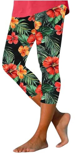 Ladies Cropped Trousers Petite Floral Elastic Waist Leggings for Women UK Gym Running Activewear Slim Fit Casual Capri Pants Summer Sports Workout Yoga 3/4 Trousers