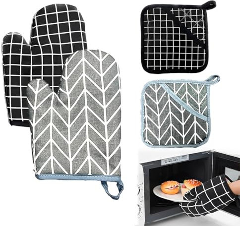 DWFEYOI Presine da Cucina 4 Pezzi Presine in Cotone Resistenti al Calore Guanti da Forno Imbottito con Cotone Riciclato 18cm x 18cm per Cucinare e Cuocere,presine da cucina(Grigio e Nero)