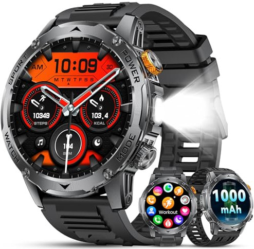 LIGE Military Smart Watch for Men 1000mAh with Bluetooth Call, 1.75 AMOLED LED Flashlight Smartwatch, 120+ Sports Mode Fitness Tracker, SpO2/Pressure/Heart Rate/Sleep Monitor Black Silicone